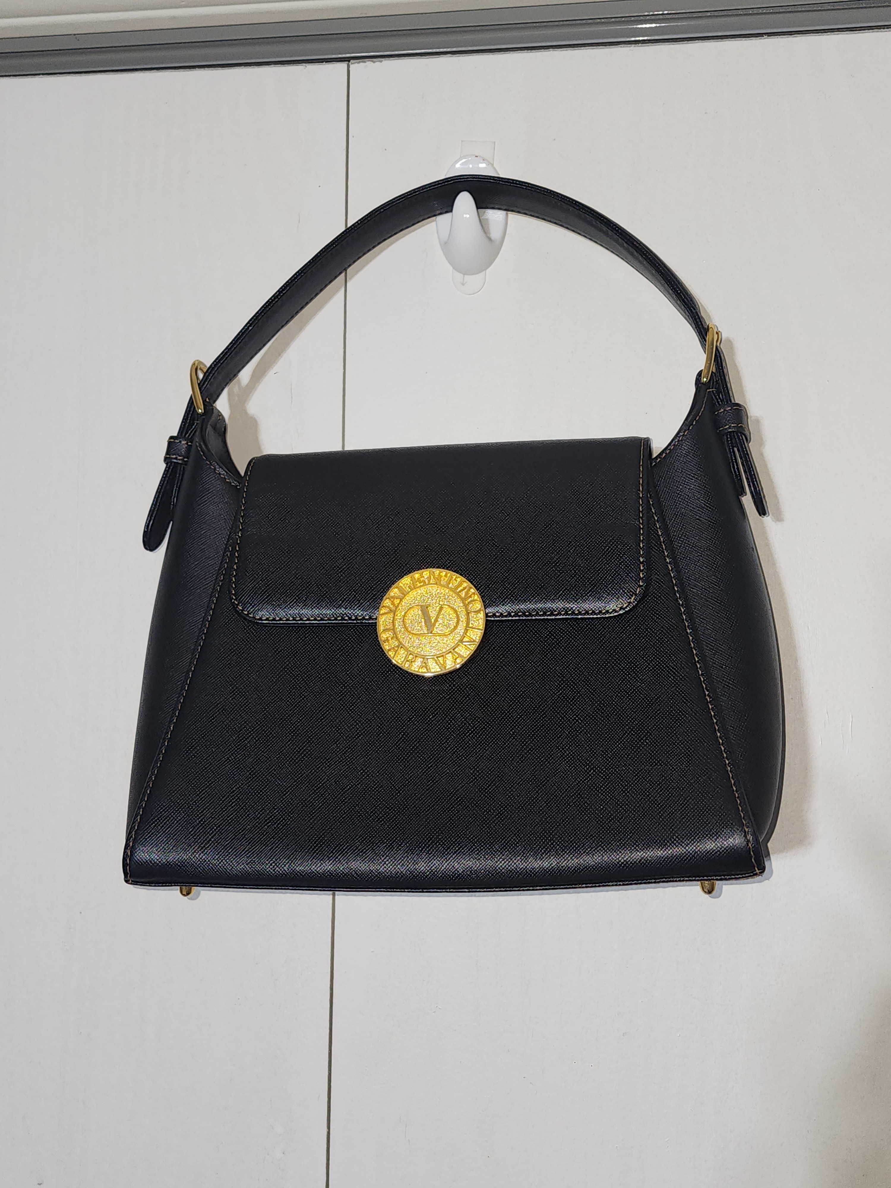 Valentino Garavani Black Satchel With Gold Medallion, Has Removable Long Strap